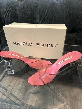 Manolo Blahnik Pink Clear-Heel Slide Sandals